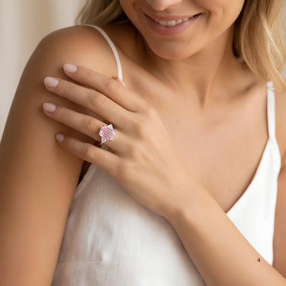4 Carat Pink Asscher Cut CZ Engagement Ring for Women, Three Stone 925 Sterling Silver Promise Ring with Platinum Plating, Wedding Ring, Cocktail Ring, Pink Ring, Anniversary Jewelry Gift, Diamond Alternative