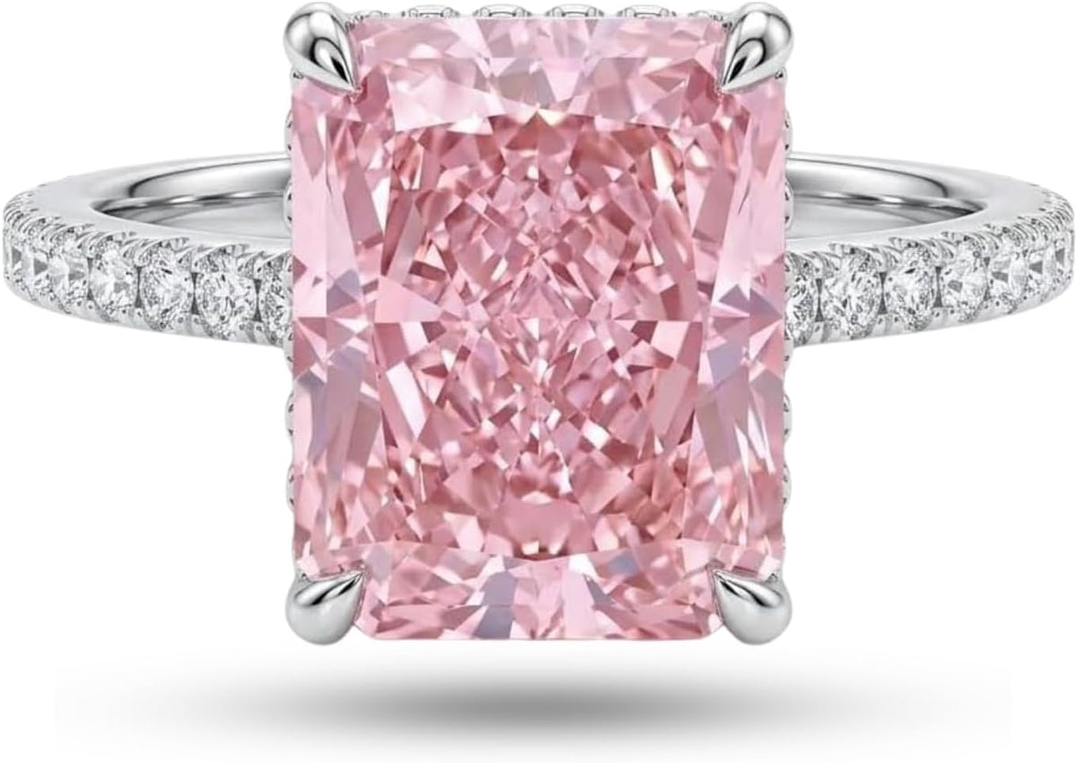 Pink radiant cut hidden halo ring in S925 sterling silver