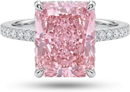 Pink radiant cut hidden halo ring in S925 sterling silver