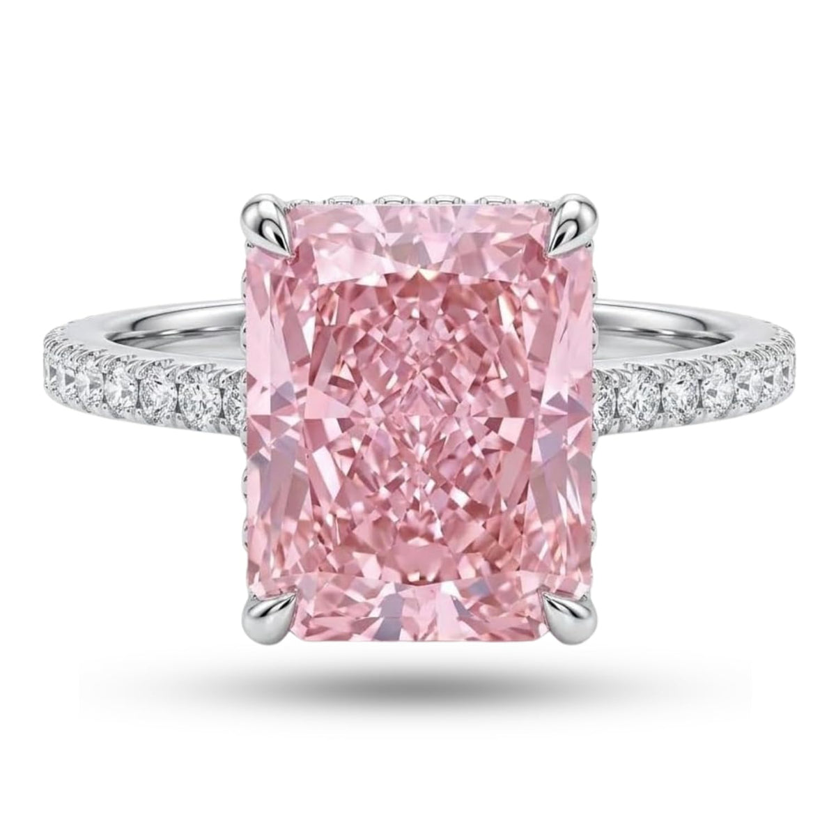 Close-up of pink radiant cut center stone