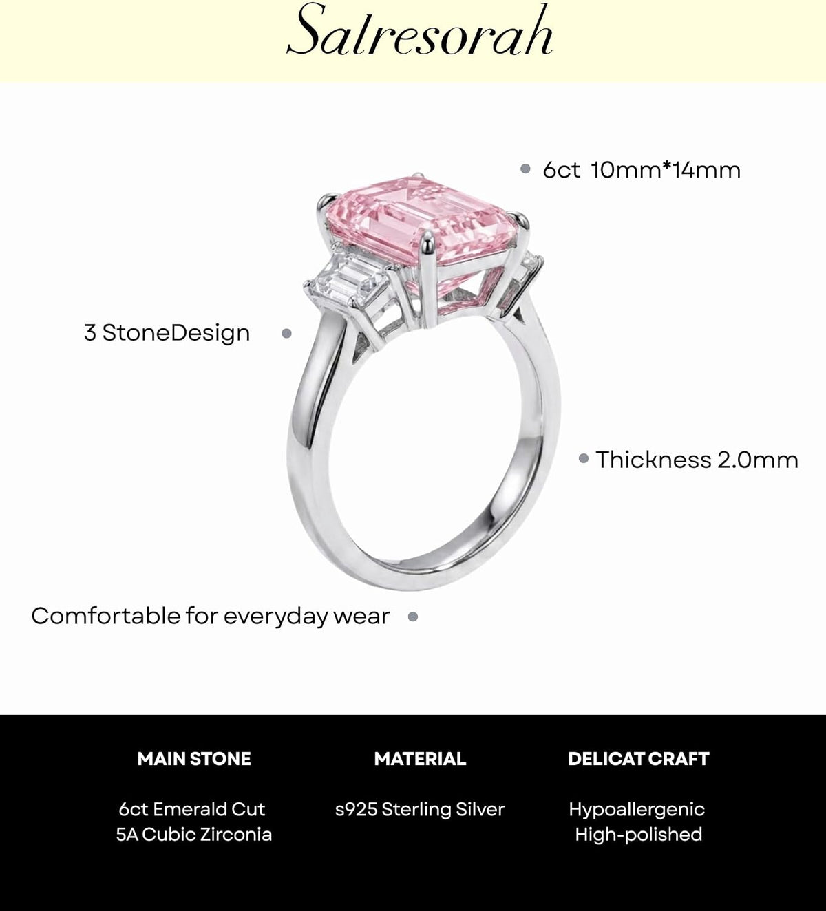 7 Carat Emerald Cut Cubic Zirconia Three Stone Engagement Ring for Women, 925 Sterling Silver Platinum Plated Promise Ring with Tapered Baguette Side Stones, Statement Wedding Jewelry