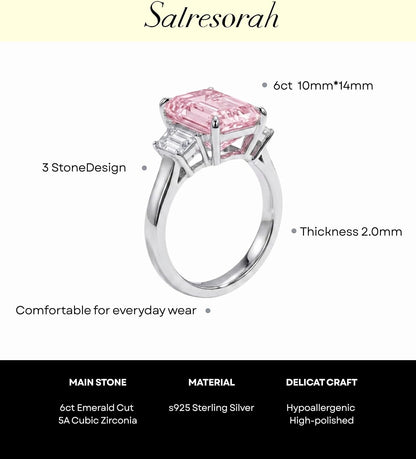 7 Carat Emerald Cut Cubic Zirconia Three Stone Engagement Ring for Women, 925 Sterling Silver Platinum Plated Promise Ring with Tapered Baguette Side Stones, Statement Wedding Jewelry