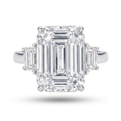 7 Carat Emerald Cut Cubic Zirconia Three Stone Engagement Ring for Women, 925 Sterling Silver Platinum Plated Promise Ring with Tapered Baguette Side Stones, Statement Wedding Jewelry
