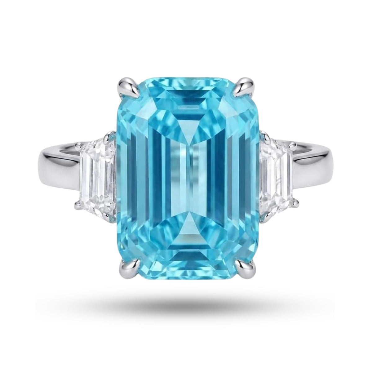 7 Carat Emerald Cut Cubic Zirconia Three Stone Engagement Ring for Women, 925 Sterling Silver Platinum Plated Promise Ring with Tapered Baguette Side Stones, Statement Wedding Jewelry