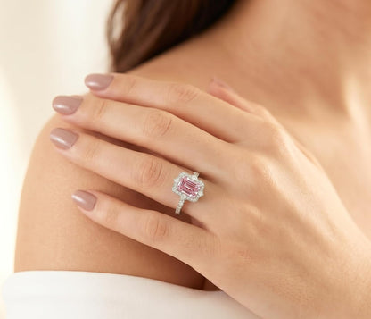 4CT Emerald Cut Halo Engagement Ring for Women, Pagoda Cut Cubic Zirconia, 925 Sterling Silver Platinum Plated Pave Promise Anniversary Ring