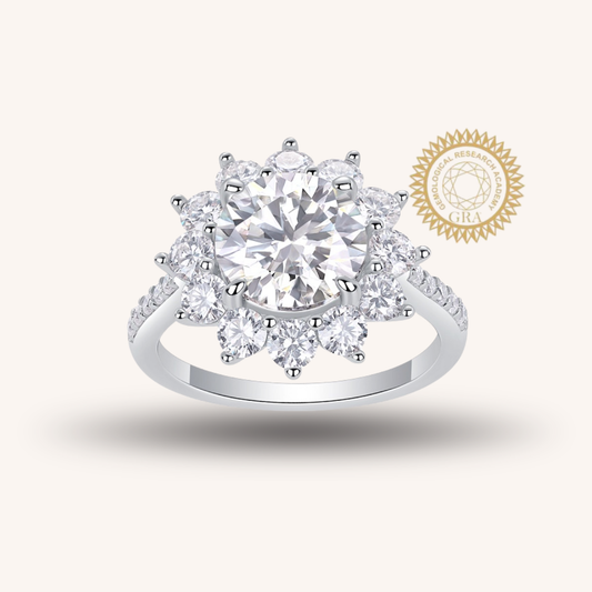 3CT Round Cut Moissanite Engagement Ring – Sunflower Halo Design, 925 Sterling Silver, Half Coverage Band, Brilliant Moissanite Stones