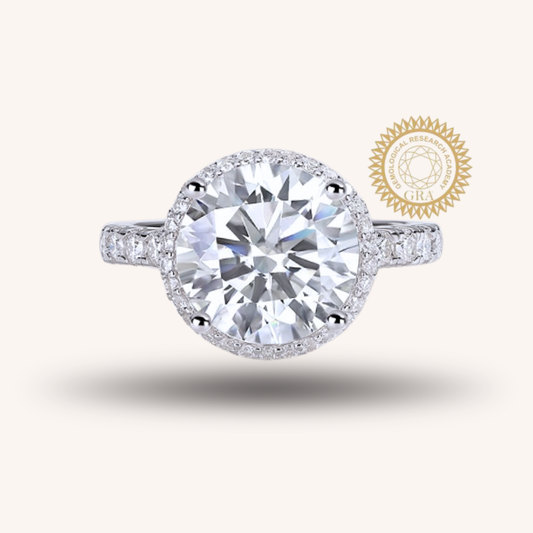 5 Carat Round Cut Moissanite Engagement Ring for Women – Halo Design with 74 Side Stones, Sterling Silver with 18K White Gold Plating