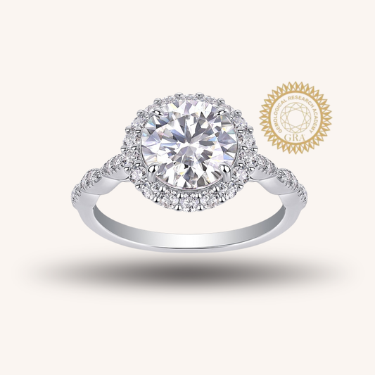 3CT Round Cut Moissanite Halo Engagement Ring with Twisted Band — 18K White Gold Plated 925 Sterling Silver