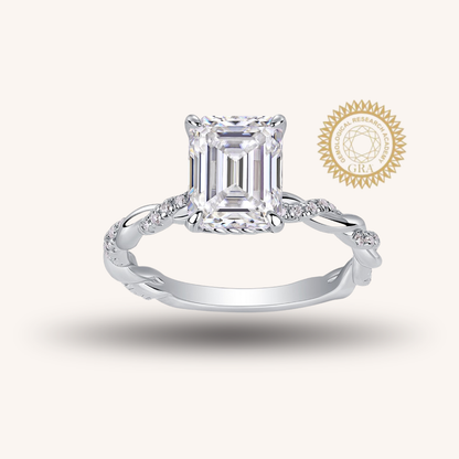 3CT Emerald Cut Moissanite Engagement Ring, Twisted Band with Pavé Side Stones,