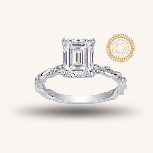3CT Emerald Cut Moissanite Engagement Ring, Twisted Band with Pavé Side Stones,
