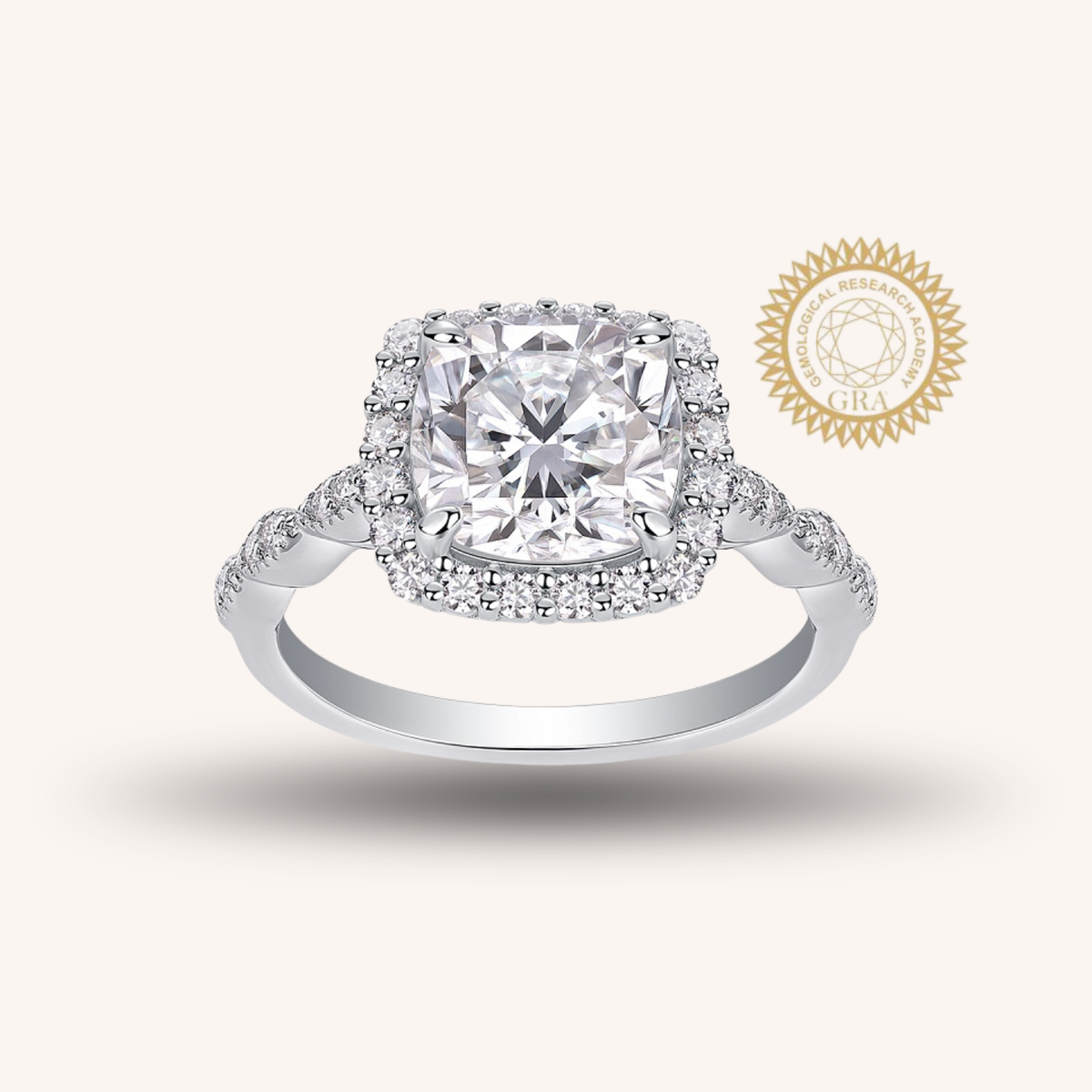 2.5CT Cushion Cut Moissanite Halo Engagement Ring | Twisted Band |