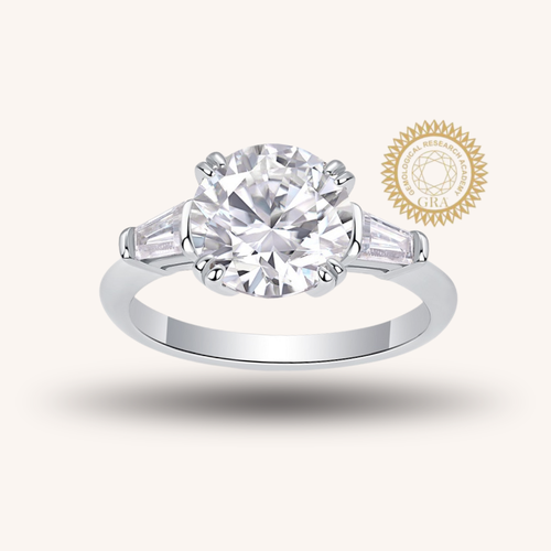 3CT Round Cut Moissanite Engagement Ring with Tapered Baguette Side Stones, Classic Three Stone Design