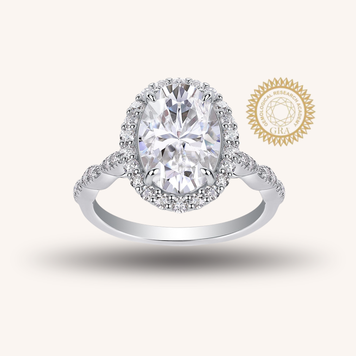 3.5CT Oval Cut Moissanite Halo Engagement Ring with Twisted Band