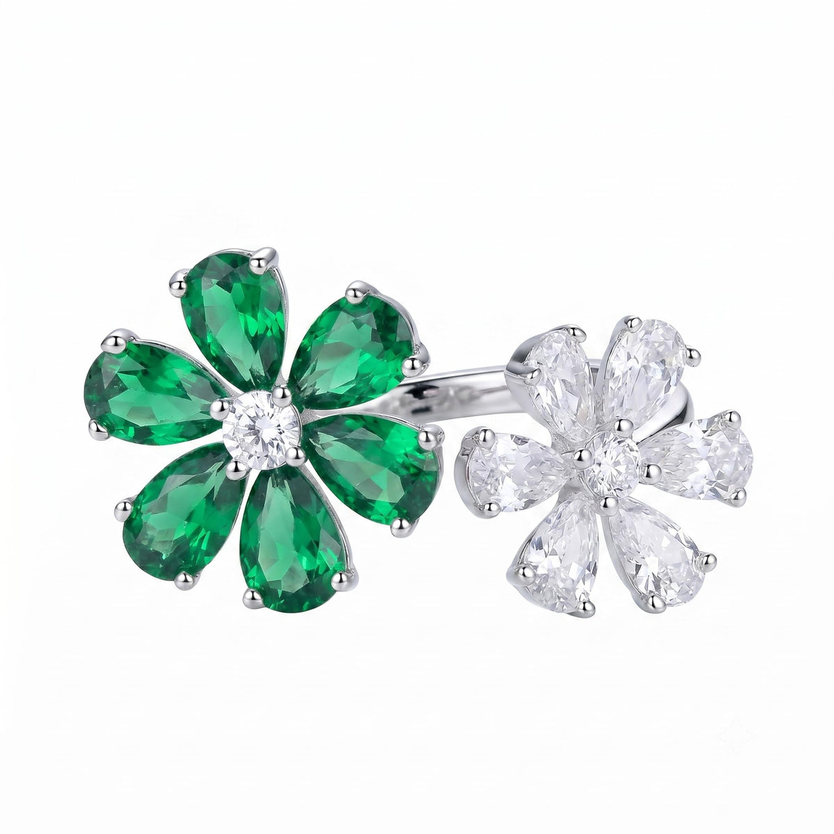 Floral Open Ring for Women, 925 Sterling Silver Pear Shape Cubic Zirconia Statement Ring, Platinum Plated Cocktail Jewelry