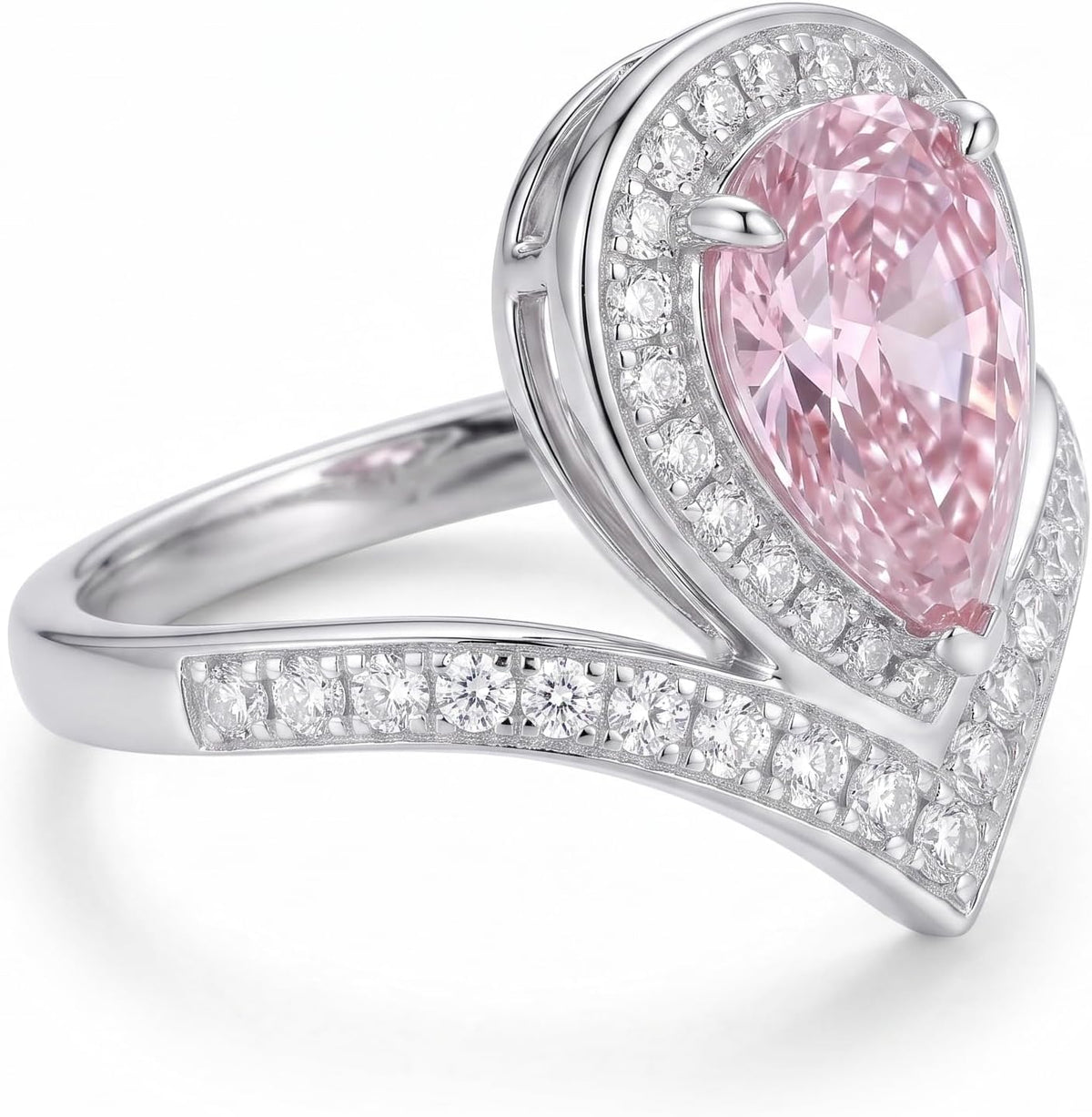 4 Carat Pear Cut Cubic Zirconia Engagement Ring for Women, Ice Cut Floral Halo, 925 Sterling Silver Platinum Plated V-Shape Promise Ring