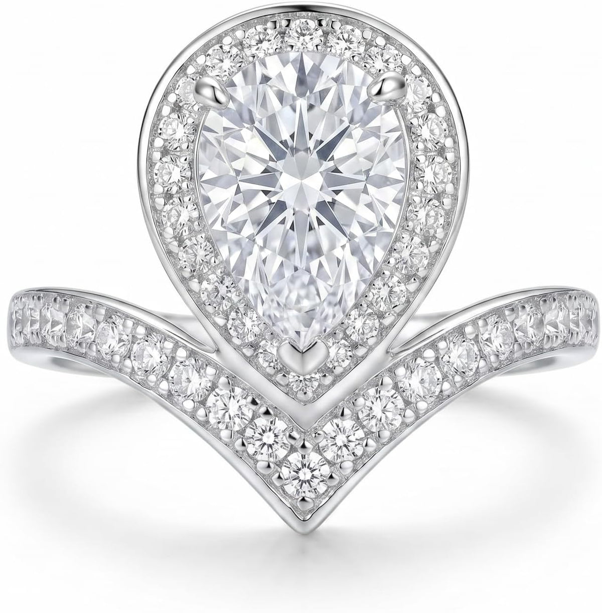 4 Carat Pear Cut Cubic Zirconia Engagement Ring for Women, Ice Cut Floral Halo, 925 Sterling Silver Platinum Plated V-Shape Promise Ring