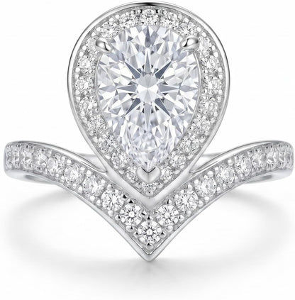 4 Carat Pear Cut Cubic Zirconia Engagement Ring for Women, Ice Cut Floral Halo, 925 Sterling Silver Platinum Plated V-Shape Promise Ring