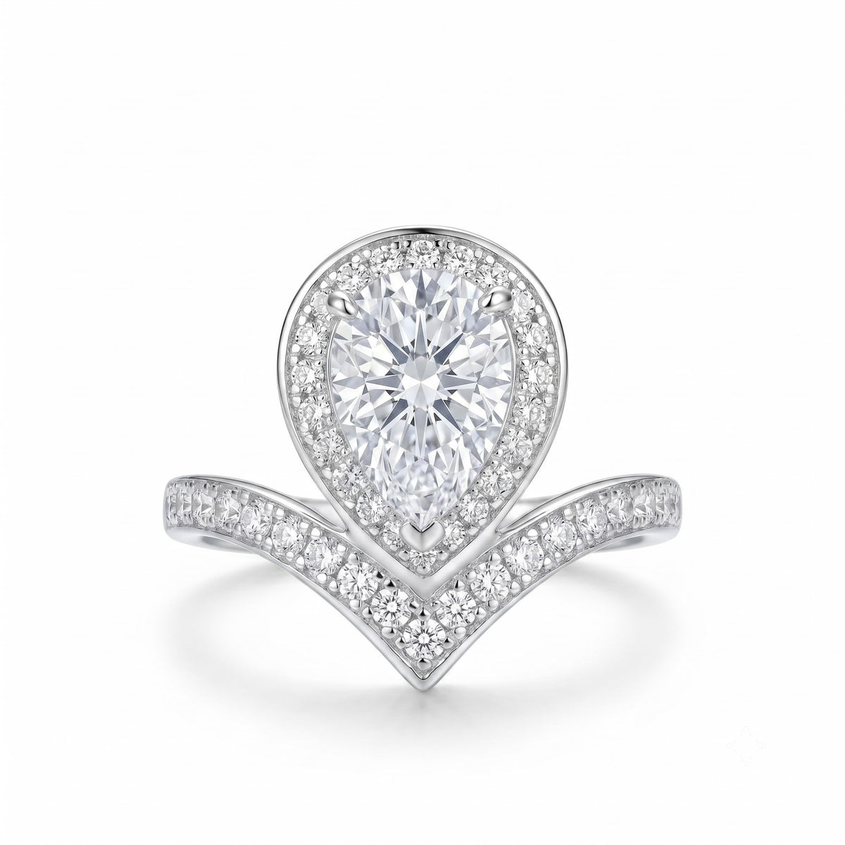4 Carat Pear Cut Cubic Zirconia Engagement Ring for Women, Ice Cut Floral Halo, 925 Sterling Silver Platinum Plated V-Shape Promise Ring