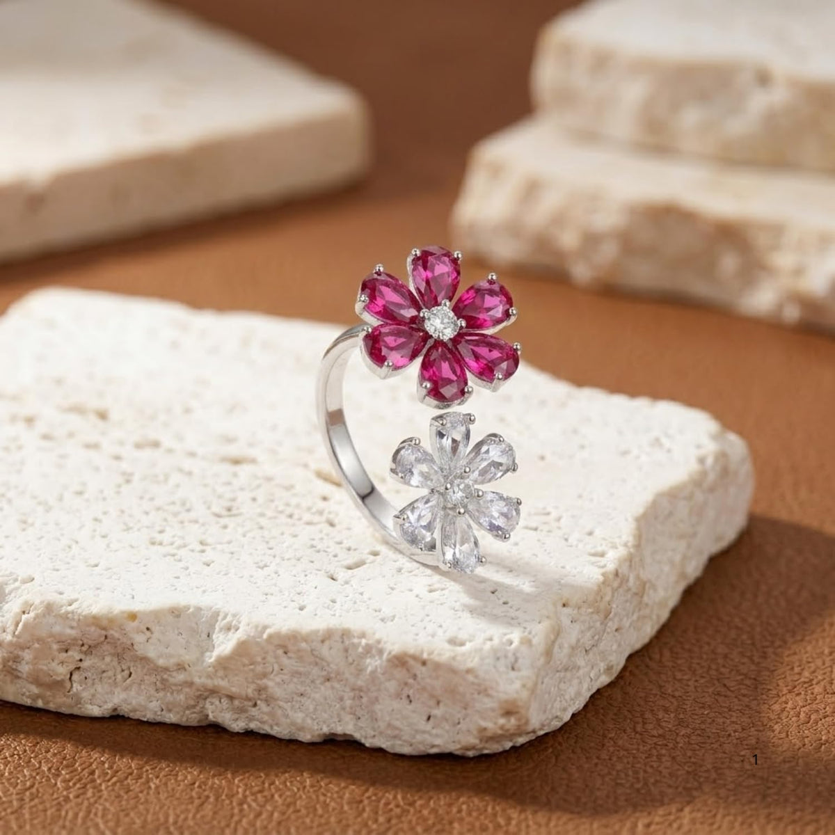 Floral Open Ring for Women, 925 Sterling Silver Pear Shape Cubic Zirconia Statement Ring, Platinum Plated Cocktail Jewelry