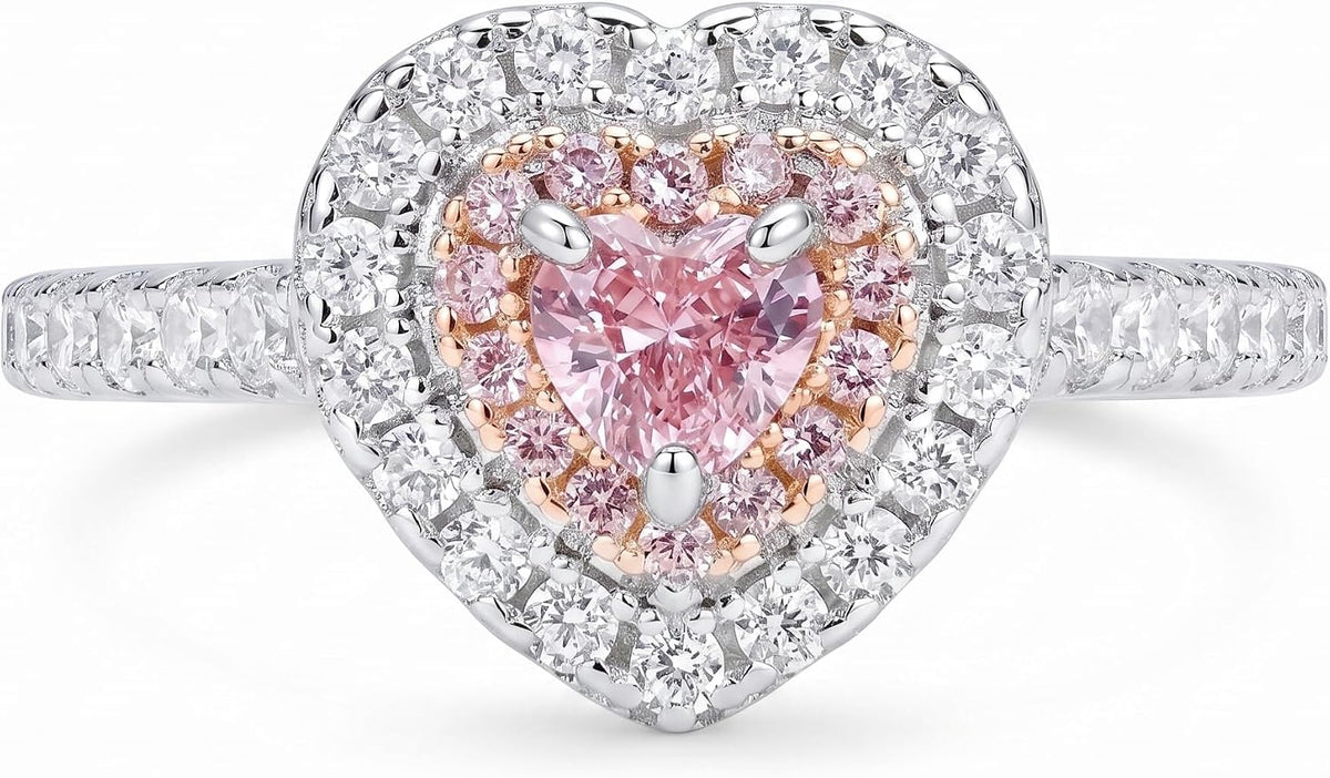 Heart Halo Cubic Zirconia Engagement Ring for Women, 925 Sterling Silver Platinum Plated Promise Ring, Ice Flower Statement Ring
