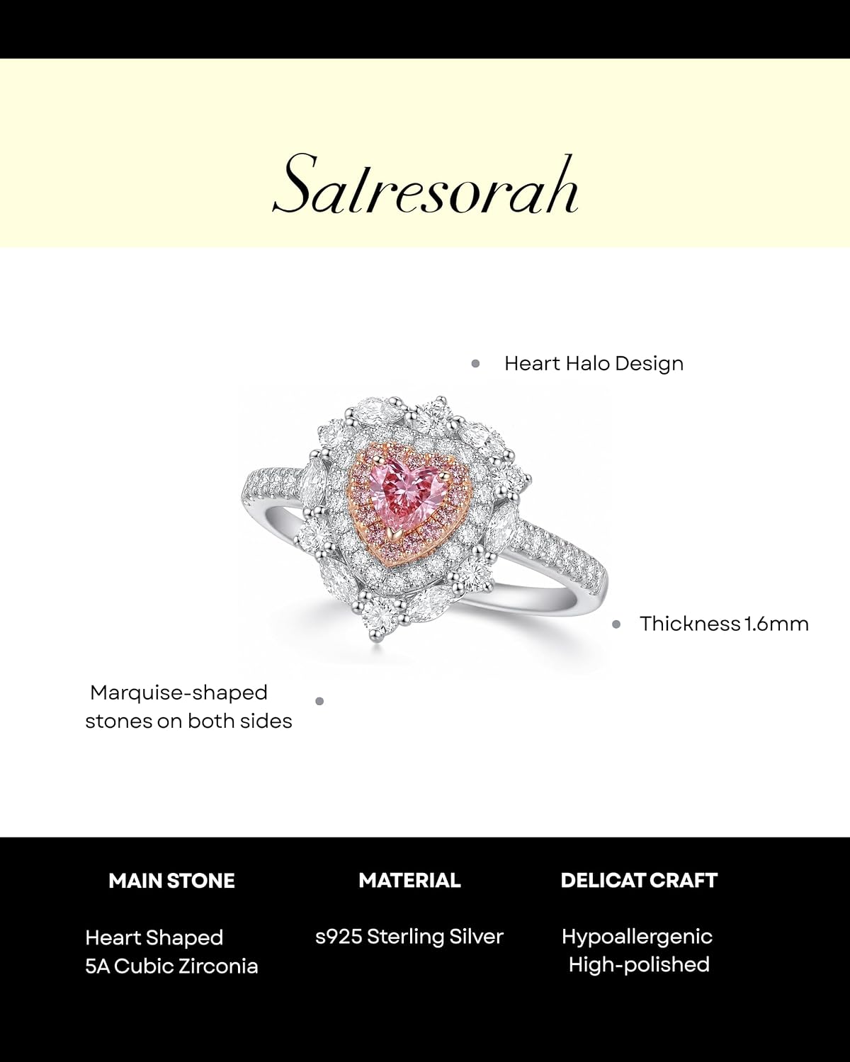 S925 Sterling Silver Pink Heart Ring for Women, 2ct Heart Cut Simulated Pink Diamond Double Halo Engagement Ring, Romantic Sweet Heart-Shaped Ring.