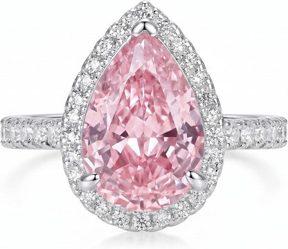 7 Carat Pear Cut Cubic Zirconia Engagement Ring for Women, Crushed Ice Halo 925 Sterling Silver Platinum Plated Teardrop Promise Ring, Statement Bridal Jewelry