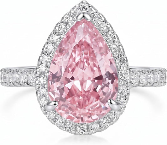 7 Carat Pear Cut Cubic Zirconia Engagement Ring for Women, Crushed Ice Halo 925 Sterling Silver Platinum Plated Teardrop Promise Ring, Statement Bridal Jewelry