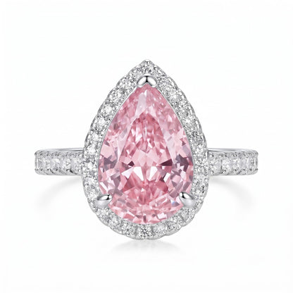 7 Carat Pear Cut Cubic Zirconia Engagement Ring for Women, Crushed Ice Halo 925 Sterling Silver Platinum Plated Teardrop Promise Ring, Statement Bridal Jewelry