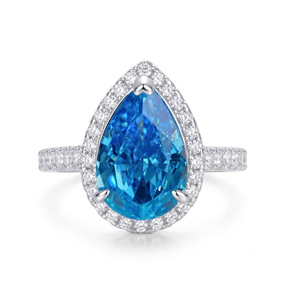 7 Carat Pear Cut Cubic Zirconia Engagement Ring for Women, Crushed Ice Halo 925 Sterling Silver Platinum Plated Teardrop Promise Ring, Statement Bridal Jewelry