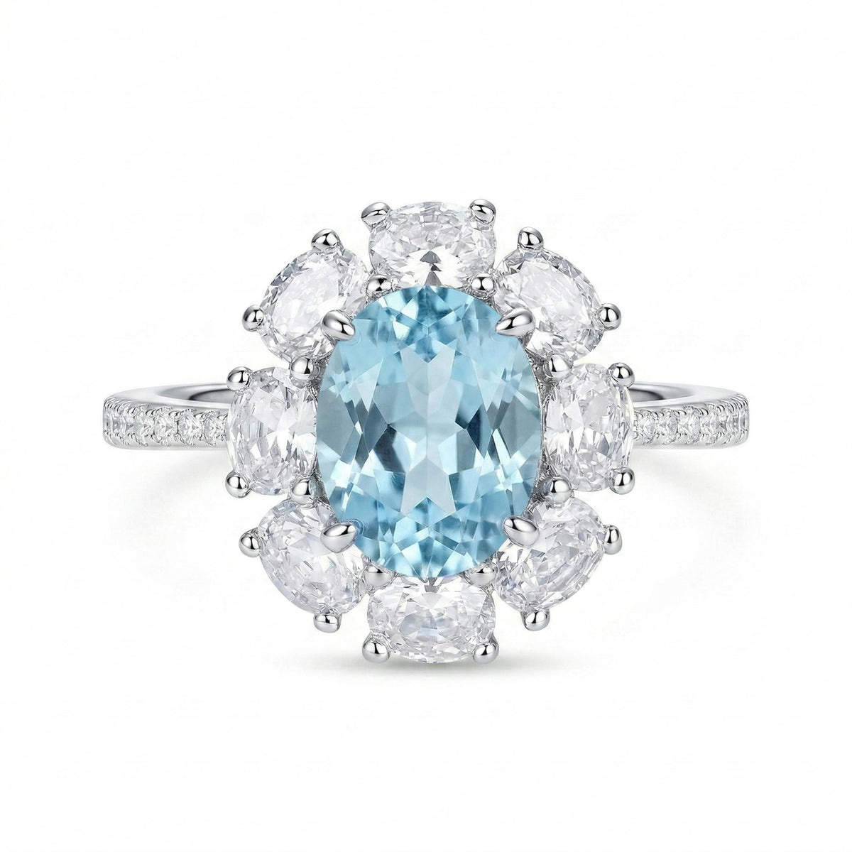 3 Carat Oval Sapphire Blue Cubic Zirconia Halo Ring, 925 Sterling Silver Ring with Platinum Plating, Sapphire Rings for Women, Floral Engagement Ring,Cocktail Ring, Gift for Her