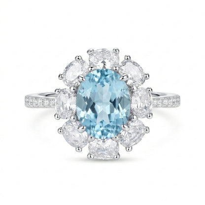 3 Carat Oval Sapphire Blue Cubic Zirconia Halo Ring, 925 Sterling Silver Ring with Platinum Plating, Sapphire Rings for Women, Floral Engagement Ring,Cocktail Ring, Gift for Her