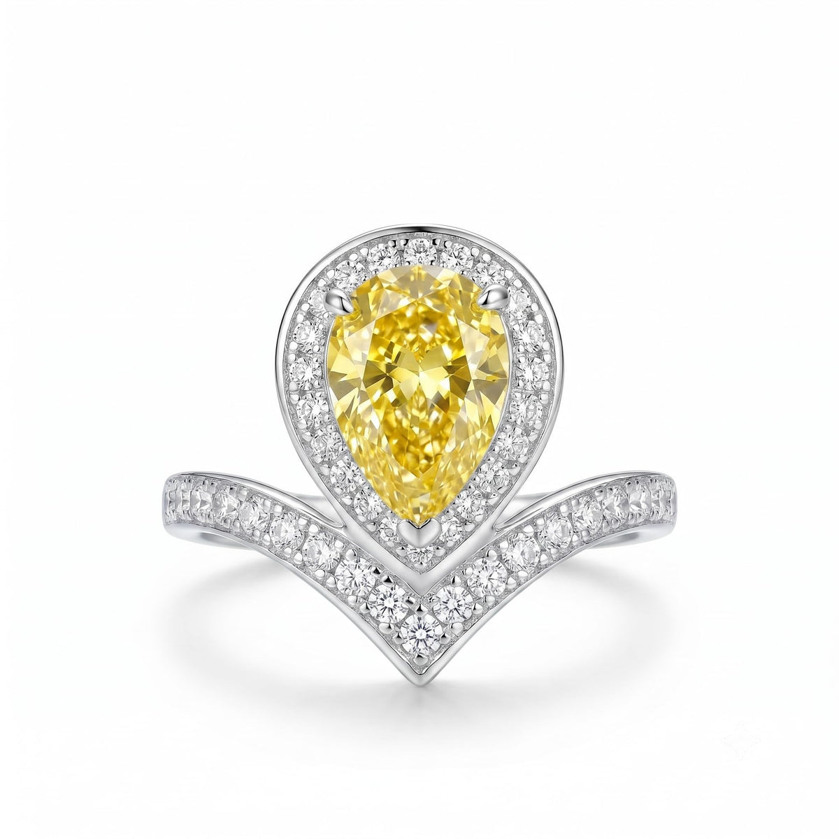 4 Carat Pear Cut Cubic Zirconia Engagement Ring for Women, Ice Cut Floral Halo, 925 Sterling Silver Platinum Plated V-Shape Promise Ring