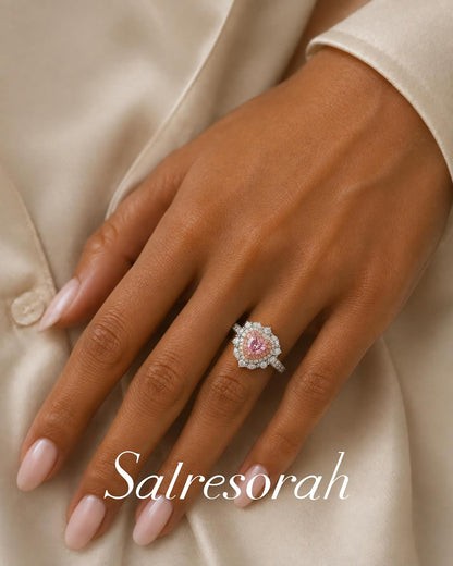 S925 Sterling Silver Pink Heart Ring for Women, 2ct Heart Cut Simulated Pink Diamond Double Halo Engagement Ring, Romantic Sweet Heart-Shaped Ring.
