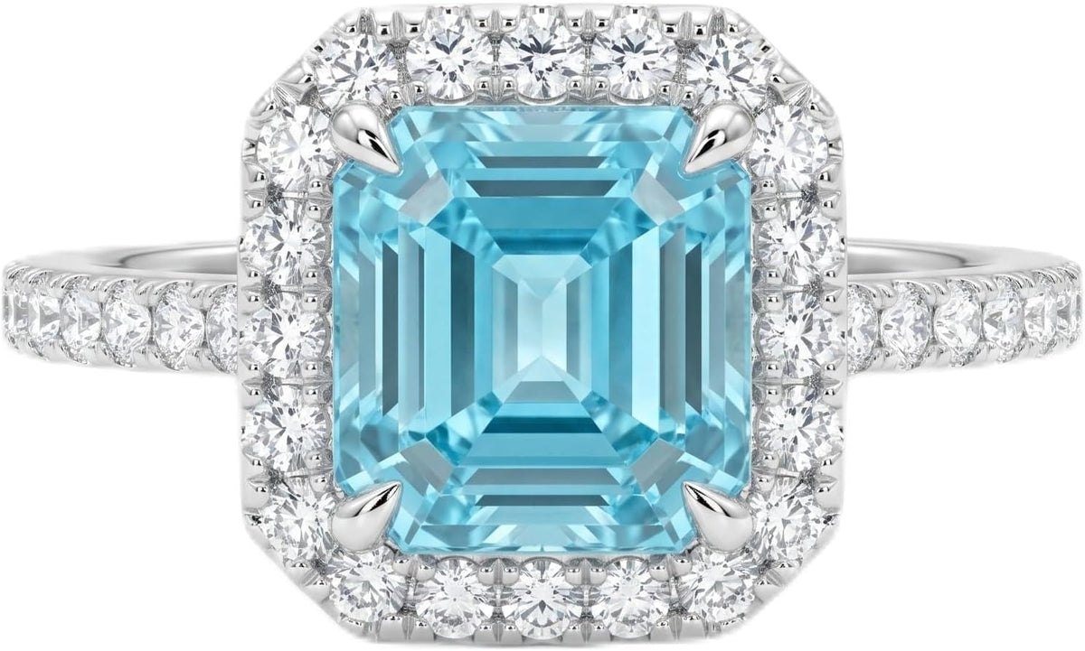 3 Carat Asscher Cut Cubic Zirconia Engagement Ring for Women, Vintage Halo 925 Sterling Silver Platinum Plated Statement Promise Ring