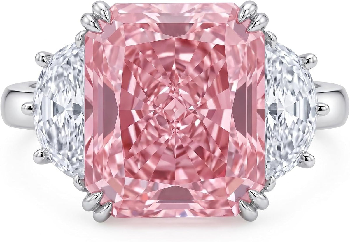 9CT Radiant Cut Crushed Ice Cubic Zirconia Three Stone Engagement Ring for Women, 925 Sterling Silver Platinum Plated Promise Anniversary Cocktail Ring