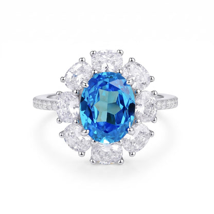 3 Carat Oval Sapphire Blue Cubic Zirconia Halo Ring, 925 Sterling Silver Ring with Platinum Plating, Sapphire Rings for Women, Floral Engagement Ring,Cocktail Ring, Gift for Her
