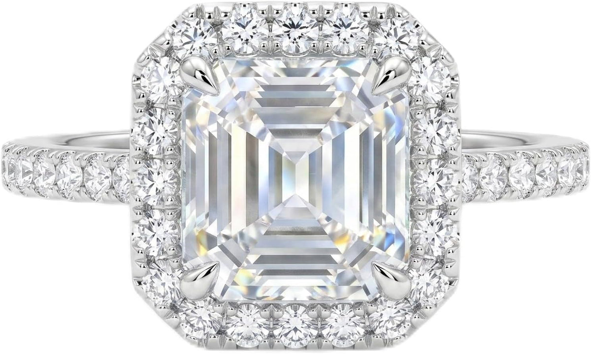 3 Carat Asscher Cut Cubic Zirconia Engagement Ring for Women, Vintage Halo 925 Sterling Silver Platinum Plated Statement Promise Ring