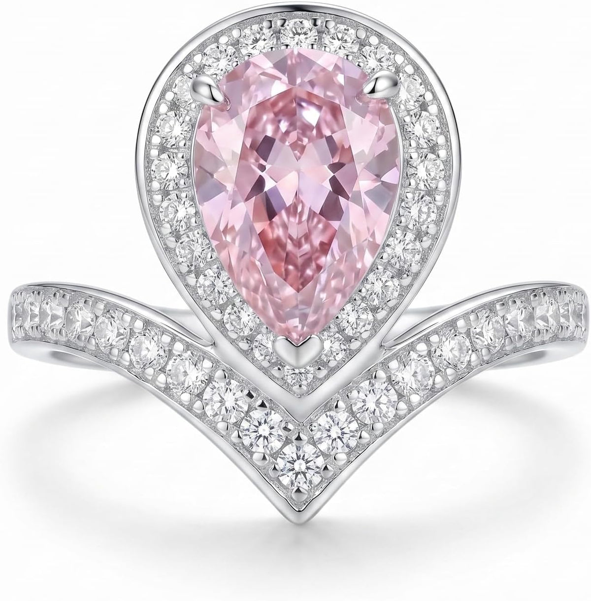 4 Carat Pear Cut Cubic Zirconia Engagement Ring for Women, Ice Cut Floral Halo, 925 Sterling Silver Platinum Plated V-Shape Promise Ring