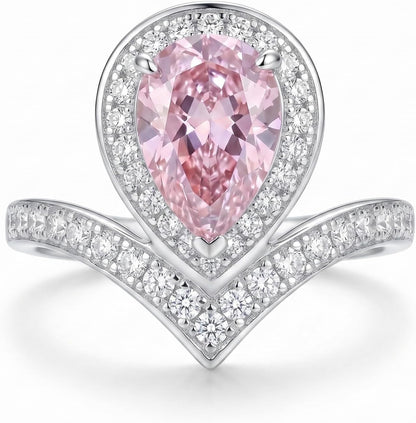 4 Carat Pear Cut Cubic Zirconia Engagement Ring for Women, Ice Cut Floral Halo, 925 Sterling Silver Platinum Plated V-Shape Promise Ring