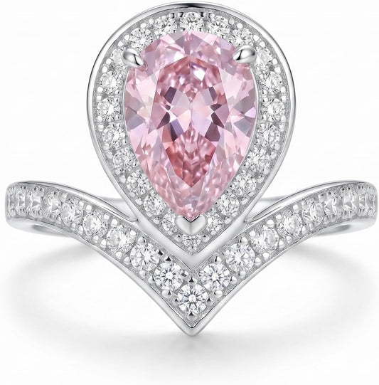 4 Carat Pear Cut Cubic Zirconia Engagement Ring for Women, Ice Cut Floral Halo, 925 Sterling Silver Platinum Plated V-Shape Promise Ring