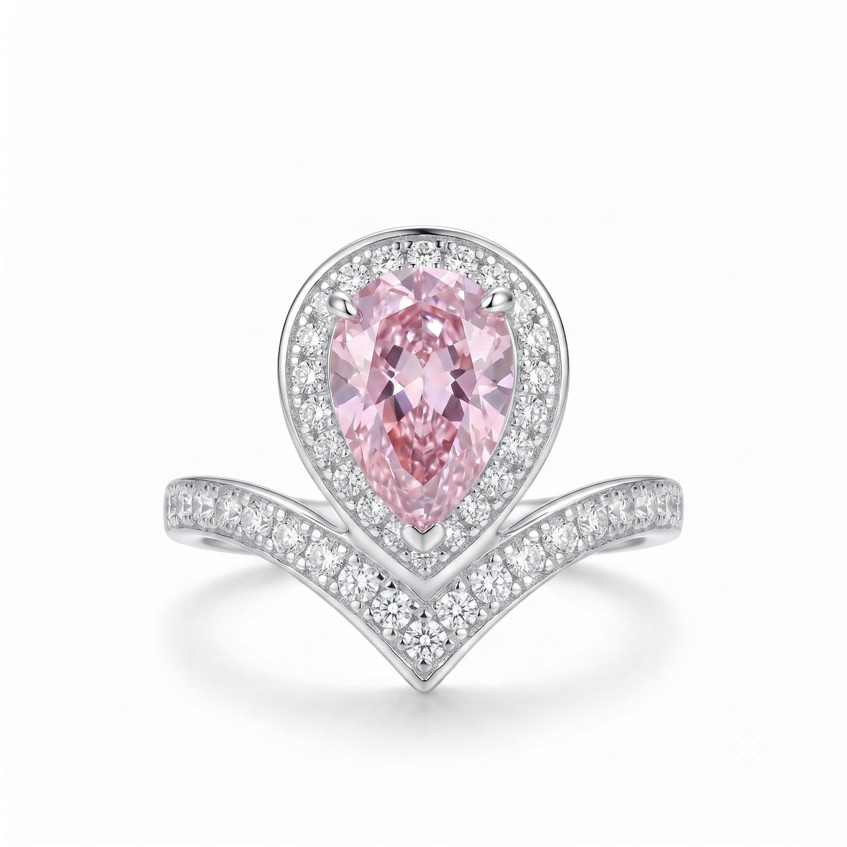4 Carat Pear Cut Cubic Zirconia Engagement Ring for Women, Ice Cut Floral Halo, 925 Sterling Silver Platinum Plated V-Shape Promise Ring