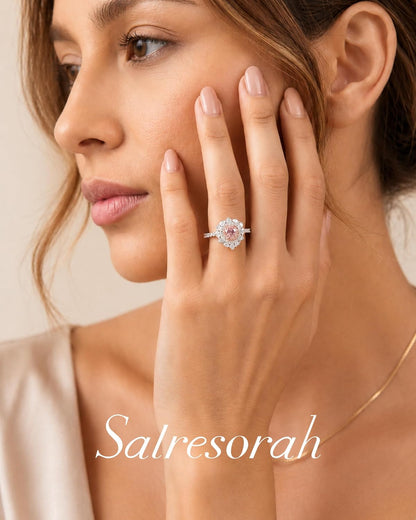 S925 Sterling Silver Pink Heart Ring for Women, 2ct Heart Cut Simulated Pink Diamond Double Halo Engagement Ring, Romantic Sweet Heart-Shaped Ring.