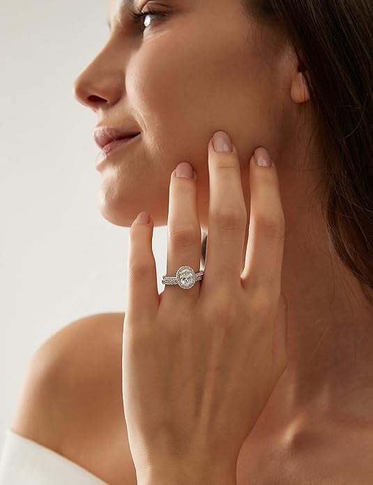 1.5CT 925 Sterling Silver Brilliant Oval Cubic Zirconia Promise Ring Set