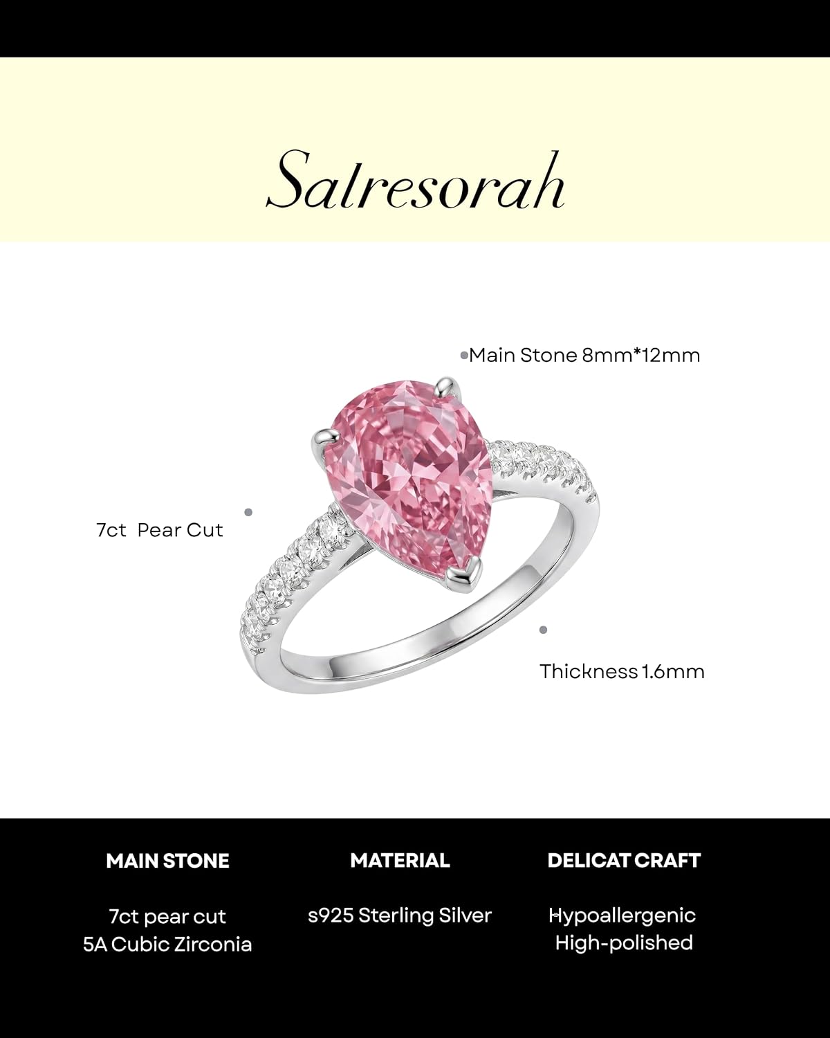 7CT Pear Cut Cubic Zirconia Engagement Ring for Women, 925 Sterling Silver Platinum Plated Pave Promise Cocktail Ring