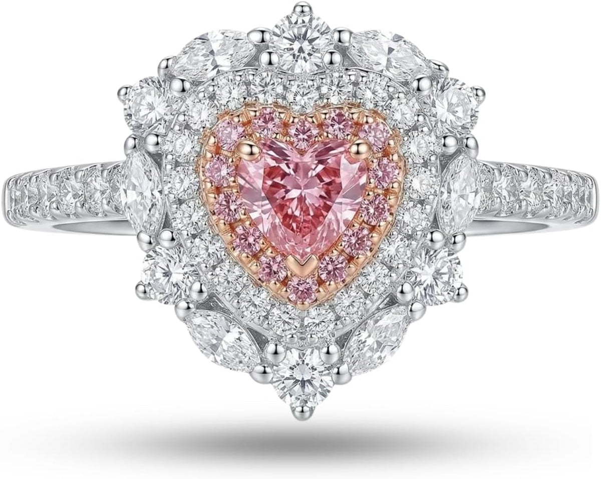 S925 Sterling Silver Pink Heart Ring for Women, 2ct Heart Cut Simulated Pink Diamond Double Halo Engagement Ring, Romantic Sweet Heart-Shaped Ring.