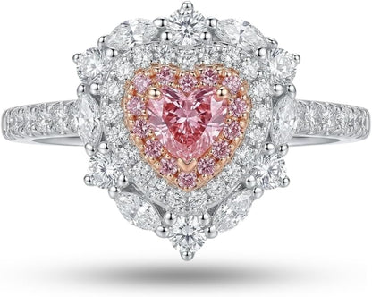 S925 Sterling Silver Pink Heart Ring for Women, 2ct Heart Cut Simulated Pink Diamond Double Halo Engagement Ring, Romantic Sweet Heart-Shaped Ring.