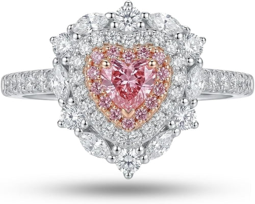 S925 Sterling Silver Pink Heart Ring for Women, 2ct Heart Cut Simulated Pink Diamond Double Halo Engagement Ring, Romantic Sweet Heart-Shaped Ring.