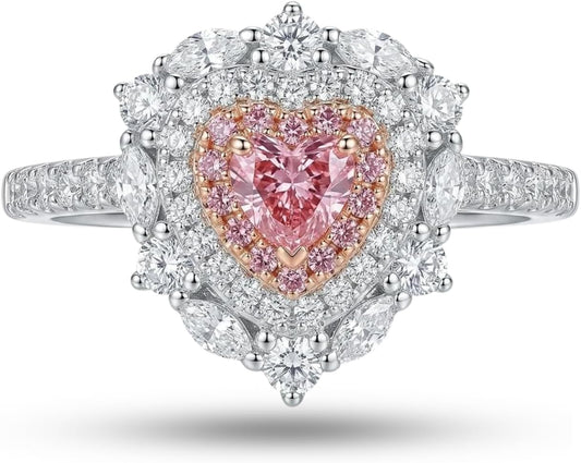 S925 Sterling Silver Pink Heart Ring for Women, 2ct Heart Cut Simulated Pink Diamond Double Halo Engagement Ring, Romantic Sweet Heart-Shaped Ring.