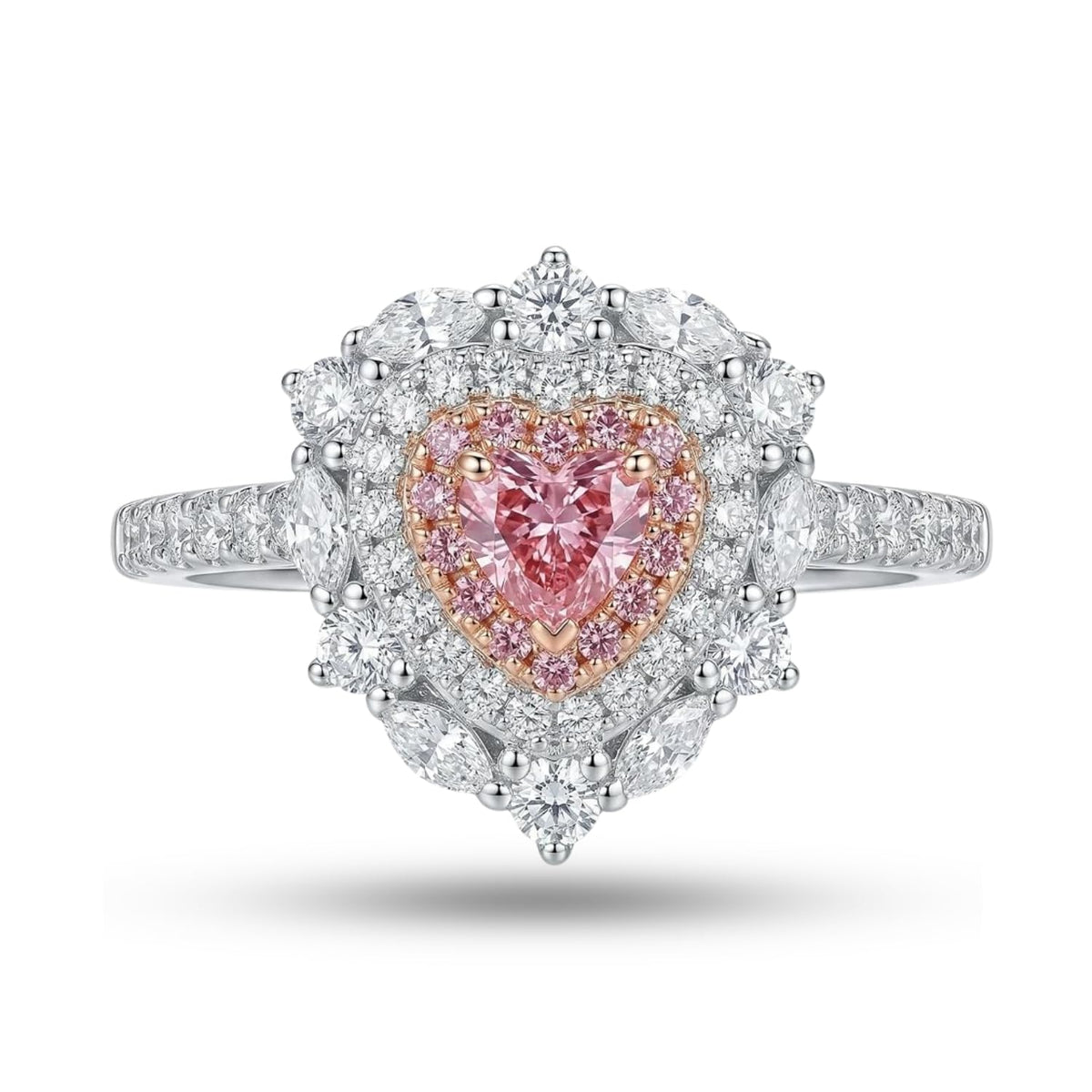 S925 Sterling Silver Pink Heart Ring for Women, 2ct Heart Cut Simulated Pink Diamond Double Halo Engagement Ring, Romantic Sweet Heart-Shaped Ring.