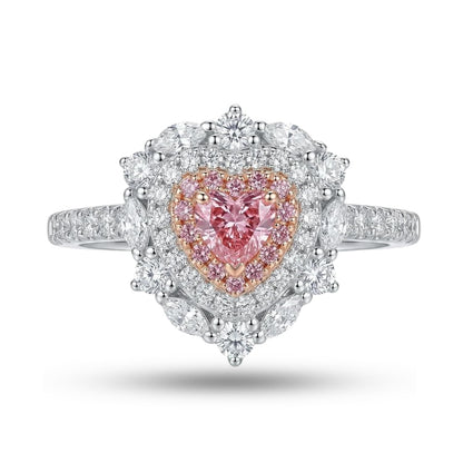 S925 Sterling Silver Pink Heart Ring for Women, 2ct Heart Cut Simulated Pink Diamond Double Halo Engagement Ring, Romantic Sweet Heart-Shaped Ring.